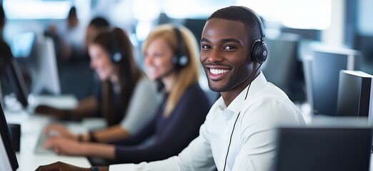 Customer service representative smiling in modern office environment with colleagues, showcasing teamwork and professionalism, copy space for text