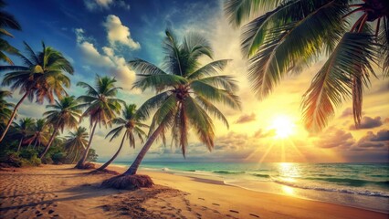Fototapeta premium A serene tropical beach scene with swaying palm trees and a sandy shoreline under a warm sunny sky, shot through a vintage lens with film distress flare effects , serene, tropical