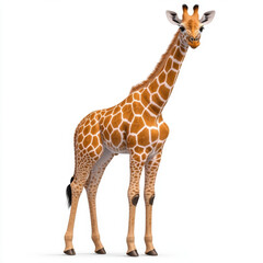 Obraz premium Gentle Giant: A Giraffe's Serene Gaze. Spotting its unique beauty against a pure white backdrop.