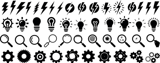 Electric bolts, lightbulbs, magnifying glasses, gears icon set, Electric bolt, lightbulb, magnifying glasses, and gear vector for energy, ideas, search, and engineering themes