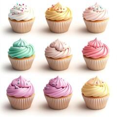 Colorful Cupcakes with Swirled Frosting and Sprinkles Display