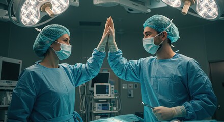 Surgeons Celebrating Success with a High-Five in Modern Operating Room - Medical Teamwork and Triumph.