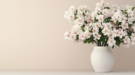 Fototapeta premium A serene arrangement of pink flowers in a white vase against a neutral background, perfect for home decor and a touch of nature.