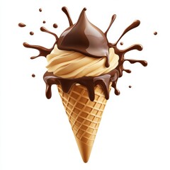 Creamy Ice Cream Cone with Rich Chocolate Sauce Splashing Upward