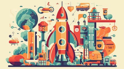 Obraz premium A Futuristic Cityscape Featuring a Giant Rocket Launch Preparation: A Vibrant Illustration of Innovation and Progress