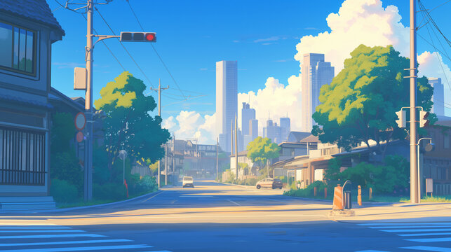 夏空と都市近郊の街並み｜青空と高層ビルが映える穏やかな交差点風景