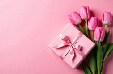 A beautiful gift box with a pink bow and tulips on a pink background. Valentine's Day, Happy Women's Day, Mother's Day, Birthday, Wedding, Christmas. place for the text