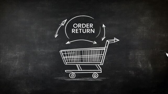 A simple blackboard with a hand-drawn empty shopping cart and the words Order Return, symbolizing the concept of an online order return policy or process