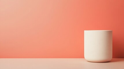 A simple white cylindrical vase is placed against a soft coral backdrop, creating a modern and minimalist aesthetic.