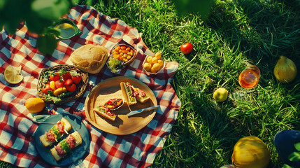 Fototapeta premium A picnic blanket on a grassy field featuring sandwiches cut into fun shapes, colorful fruit skewers, and a playful checkered tablecloth. A cheerful and inviting outdoor feast perfect for all ages.