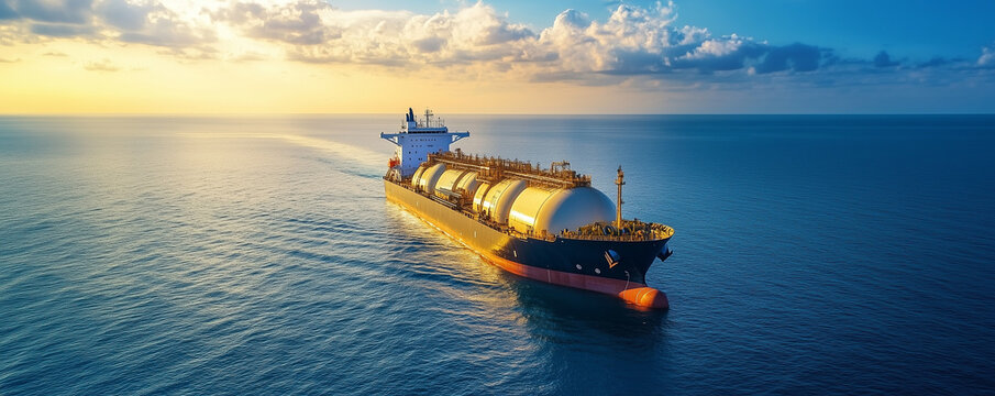 Daytime, on calm sea, a ship carrying liquefied natural gas is sailing on the sea, From a bird's eye view, there are clouds in the blue sky, Landscape photography, DSLR cameras, wide-angle cameras, hi