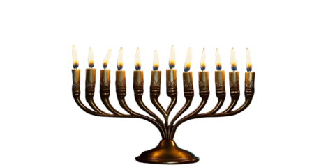 Menorah or hanukkiah with nine burning candles on dark background with golden bokeh lights. Symbol of jewish holiday Hanukkah. Religious concept. Template with copy space for greeting card, banner
