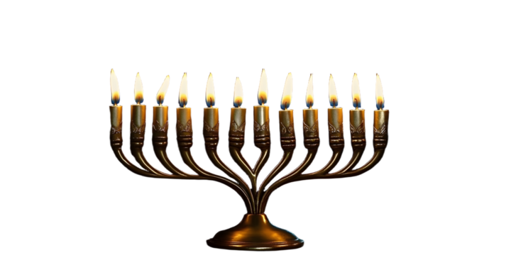 Menorah or hanukkiah with nine burning candles on dark background with golden bokeh lights. Symbol of jewish holiday Hanukkah. Religious concept. Template with copy space for greeting card, banner
