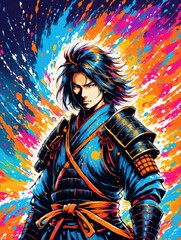 Samurai Warrior and Colorful Background. A digital art print featuring a samurai warrior in a dynamic pose.