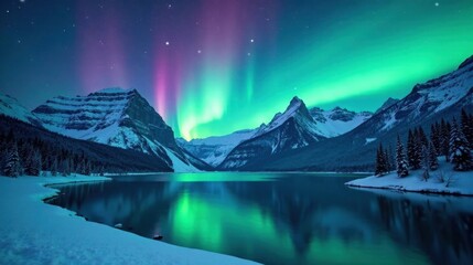 Serene Winter Landscape with Aurora Borealis Display Over Snow-Covered Mountains and Tranquil Lake