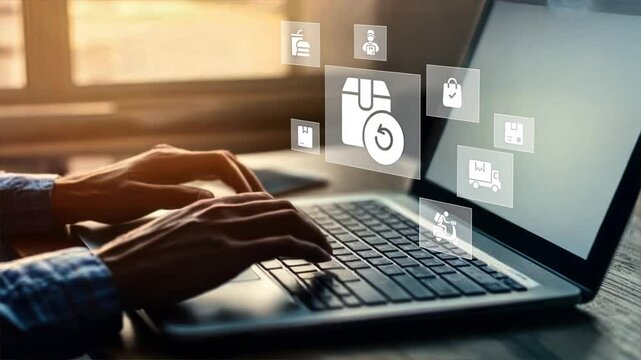 Man typing on a laptop with a digital document icon floating above and text ngOnDestroy, connecting abstract concepts to online processes and returns