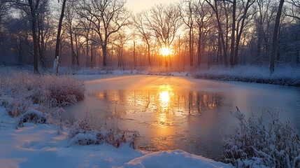 Fototapeta premium A serene photography of a frozen lake surrounded by snow-covered trees, with the soft light of the setting sun reflecting on the ice surface, creating a magical winter scene.