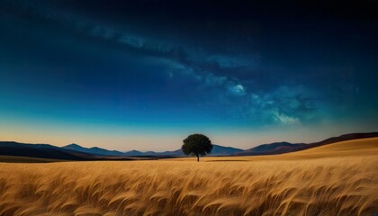 Obraz premium A solitary tree stands in a vast golden wheat field under a breathtaking night sky filled with stars and a faint Milky Way, mountains forming a tranquil backdrop
