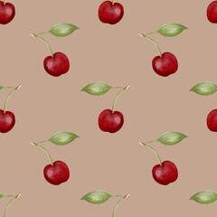 Beautiful cherry pattern design in watercolor for textile and wrapping paper projects