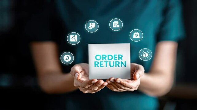 Hands extended with Order Return text surrounded by icons for lost and return tabs, symbolizing online order return policies and refund processes