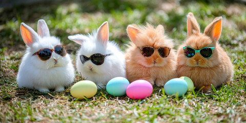 Rabbits in sunglasses and colorful Easter eggs on green grass, space for text