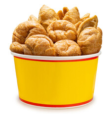 Crispy fried fish balls in a paper bowl,Fried fish balls isolate on white with clipping path.