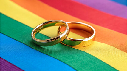Two gold wedding rings lying on a rainbow flag. This symbolic image represents equality, LGBT rights, recognition of same-sex marriages and their legalization.
