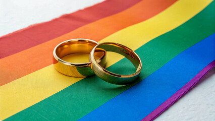 Two gold wedding rings lying on a rainbow flag. This symbolic image represents equality, LGBT rights, recognition of same-sex marriages and their legalization.