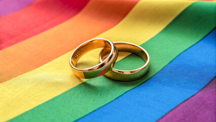Two gold wedding rings lying on a rainbow flag. This symbolic image represents equality, LGBT rights, recognition of same-sex marriages and their legalization.