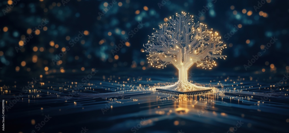 Poster digital tree symbolizing technology and nature integration, illuminated with glowing circuits and li