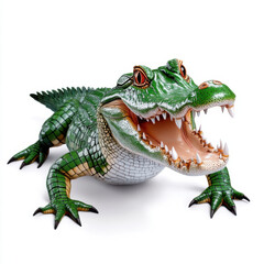 Fototapeta premium A vibrant green alligator, mouth agape, poised on a stark white background. 