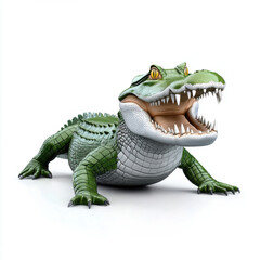 A menacing green alligator, mouth agape, on a stark white background.  A digitally rendered image.