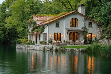 Luxurious lakeside house reflecting in calm water at sunset