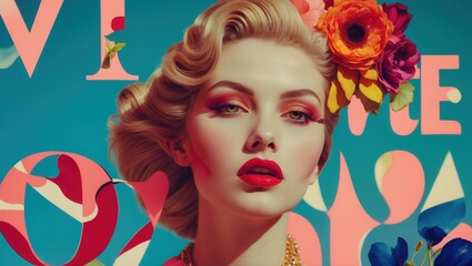 Obraz premium Glamorous Vintage Beauty with Colorful Floral Hair and Bold Makeup