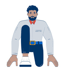 African american man entrepreneur in runner starting position 2D doodle character. Black male manager on challenge cartoon person vector drawing isolated on white. Hand drawn illustration colorful