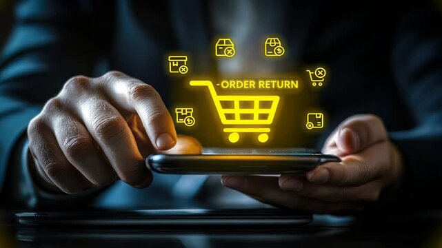 A hand holding a smartphone showing a glowing yellow shopping cart icon with "order return" text, Concept of fastest online order return and refund process