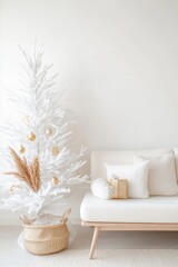 Minimalist Modern Living Room with White Christmas Tree and Gold Accents
