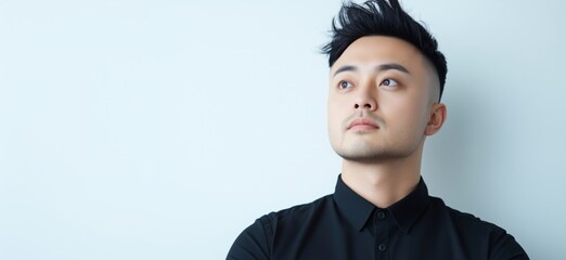 Thoughtful young man in black shirt gazing upwards against light blue background, showcasing contemplation and confidence, copy space for text