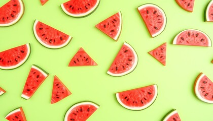 Juicy Watermelon Slices Scattered Green Background Summer Refreshment