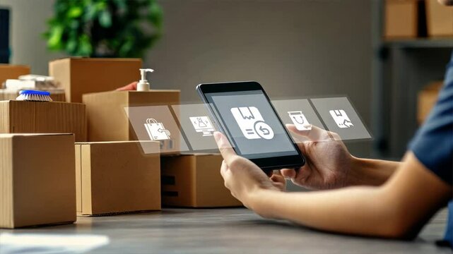 A person uses a tablet showing icons of online shopping, order return, packaging, and delivery, with cardboard boxes on a desk for a small business concept