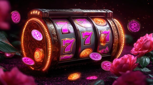 Illuminated slot machine with pink roses and coins. - Powered by Adobe