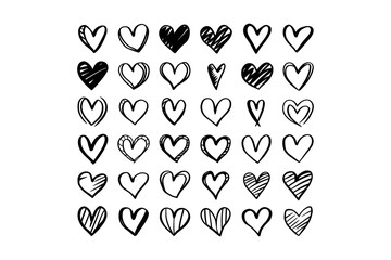 Grid of Hand-Drawn Heart Illustrations in Various Styles and Patterns.