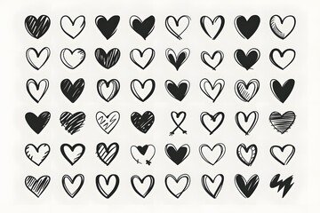 Grid of Hand-Drawn Heart Illustrations in Various Styles and Patterns.