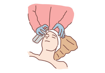 A young woman is receiving a facial massage at a spa. Hand drawn style vector design illustrations.