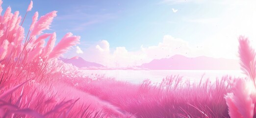 Obraz premium Surreal Pink Landscape with Lush Grasses, Calm Waters, and Soft Clouds Under Bright Sky, copy space for text