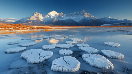 Photography capturing a vast, zugefrorener See, with intricate patterns of cracked ice stretching across the surface, framed by a backdrop of distant snowy mountains under a clear blue sky.