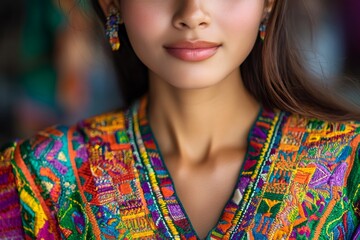 Fototapeta premium Latin american model wearing colorful huipil and traditional earrings