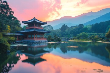 Naklejka premium Hyangwonjeong garden reflecting on the lake at sunset, gyeongbokgung palace, seoul, south korea