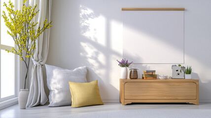 Cozy living room with wooden furniture, plants, and decorative pillows