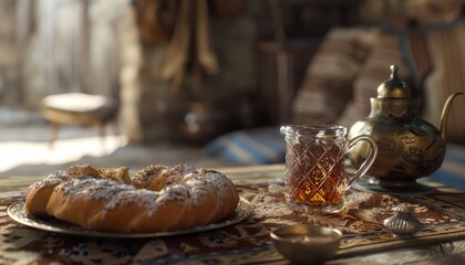 Obraz premium A traditional Middle Eastern breakfast spread with a sweet bread, tea, and a teapot on a patterned rug.